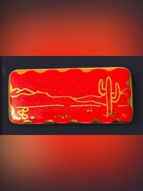 Vintage Southwest Desert Landscape Brooch – Red Enamel & Gold Tone Cactus Scene